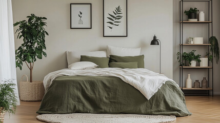 Modern Minimalist Bedroom:  A serene and stylish bedroom featuring a plush green duvet, fluffy pillows, and a minimalist aesthetic with plants and framed artwork.