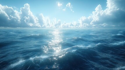 Fototapeta premium Serene ocean view with bright sky and fluffy clouds.