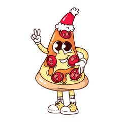 Groovy pizza cartoon character with Santa hat and V fingers. Funny retro funky pizza triangle with hippie peace sign. Christmas food mascot, cartoon sticker of 70s 80s style vector illustration