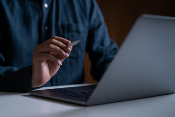 Businessman pen pointing at computer screen, closeup