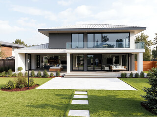 Modern two-story house with glass balcony and spacious backyard in a suburban neighborhood during daylight