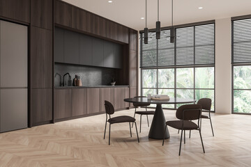 Modern kitchen with dark wood cabinets, round dining table, and large windows. 3D Rendering