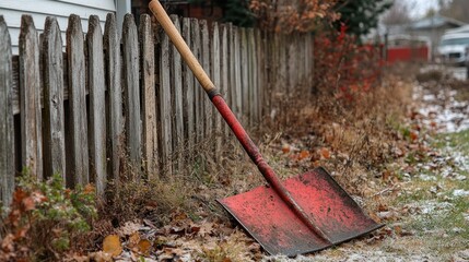 A red shovel resting against a wooden fence in a yard.