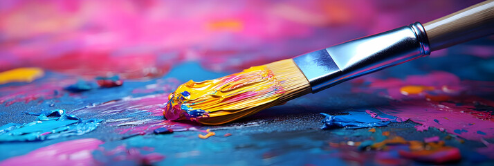 Obraz premium Paintbrush Creates Colorful Strokes on Canvas with Vibrant Artistic Expression