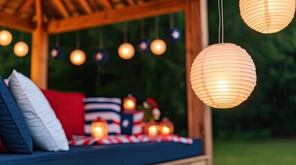Fototapeta premium Cozy outdoor gazebo with lanterns and comfortable cushions at twilight.