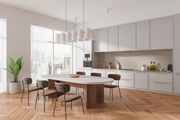 Fototapeta premium Modern kitchen interior with large windows and dining area. 3D Rendering