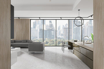 Cozy flat studio interior with relaxing and eating space, panoramic window