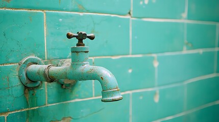 Vintage blue faucet on turquoise tiled wall a unique element of retro bathroom aesthetic and functionality