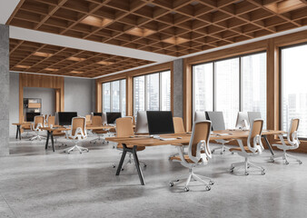 Office interior with coworking and meeting zone, panoramic window
