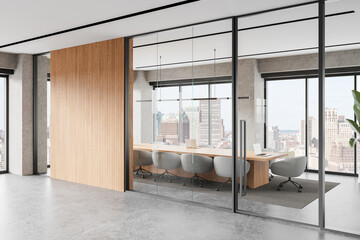 Modern office meeting room with glass walls and wooden accent panel. 3D Rendering