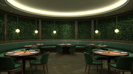 Elegant restaurant interior with green accents and ambient lighting.