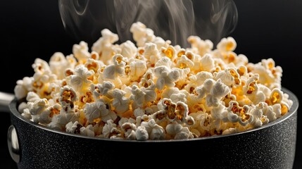 Freshly popped popcorn steaming in a pot against a dark background.