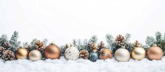 Christmas border with elegant ornaments, pine cones, and fir branches on snow, long banner