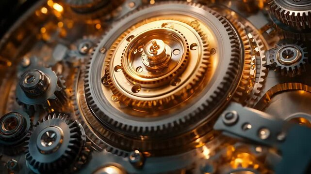 Closeup of intricate gold gears interlocked and moving together, generative ai