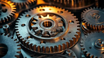 Closeup of intricate machine gears interlocked and moving together, generative ai