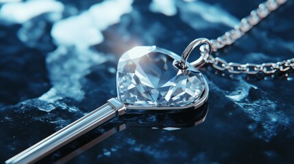 Key on a chain with a diamond-shaped charm, symbolizing luxury and elegance in real estate, laid on a modern glass background. A proud moment for successful property owners and home buyers.