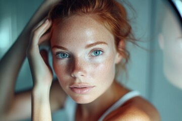Fototapeta premium A woman with freckles admires her reflection in a mirror