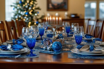 Decorated Hanukkah Table: A beautifully set table ready for a Hanukkah dinner, featuring blue and silver decorations, a menorah at the center, and place settings with traditional Jewish symbols like t