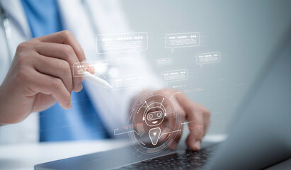 A medical worker use virtual graphic Global Internet connect Chat bot with AI, Artificial...