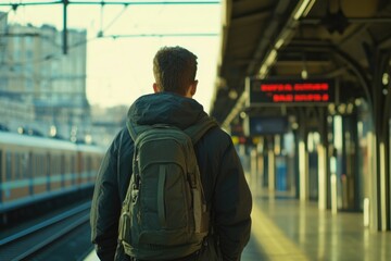 Fototapeta premium A man stands at the platform, looking at his watch, preparing to catch a train