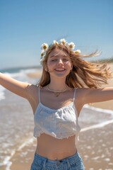 Naklejka premium A woman enjoying the sun and sea, adorned with flowers in her hair