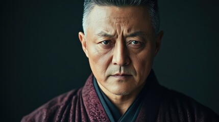 Obraz premium Middle-aged Chinese man with traditional attire and a serious look.