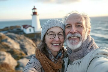 Morden Retirement: Elderly couple taking a selfie at the seaside with a lighthouse in the background, Generative AI