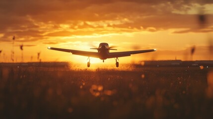 Naklejka premium A small airplane lifting off the runway at sunset