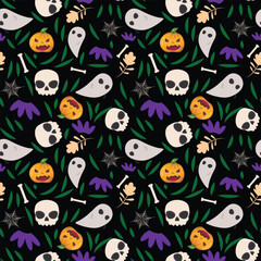Dark Halloween pattern with spooky elements,  ghosts, skulls, spider webs, pumpkins and leaves