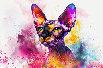 A curious Sphynx cat with vibrant face paint, great for party or celebration theme
