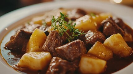 A close-up of a white plate filled with sliced meat and potatoes, perfect for a quick meal or snack