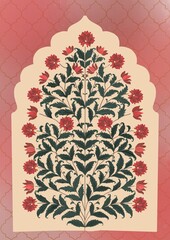 Red/Orange Lotus in warm blend of blend of peach, geometric background(Mughal Art)