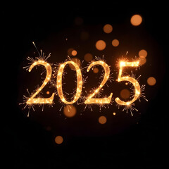 Happy New Year 2025. Creative Design element. black background. Beautiful overlay template for holiday Artistic Text Happy New Year 2025 written sparkling sparklers isolated ongreeting card, flyer
