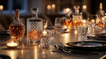 Obraz premium Whisky glass and bottle on a white table with an elegant, isolated setting featuring crystal and floral decor