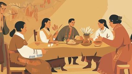 Thanksgiving Meal with Pilgrims and Native Americans: Traditional earthy palette