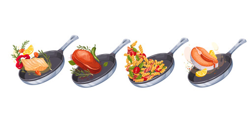 Flying salmon, beef steak and pasta with vegetables in cartoon frying pans set. Falling meat, fish, fusilli on pans. Chef recipe mascot, cooking process cartoon collection vector illustration