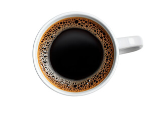 Black coffee in a white cup, transparent background.