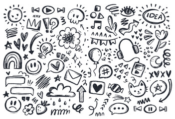 Simple Kid Doodle Icon collection. Scribble sketch of Funny Smile, Hearts, Arrow, Cloud and other. Hand drawn cute Chalk Isolated elements
