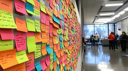 Obraz premium New Year's resolutions written on colorful sticky notes, displayed creatively on a wall.