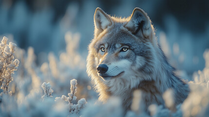 Obraz premium Majestic Grey Wolf with Piercing Eyes in Snowy Winter Landscape at Dawn
