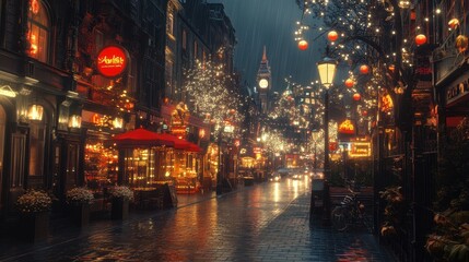 Obraz premium Nighttime HDRI city scene, highlighting illuminated streets and vibrant nightlife, with bright lights and dynamic energy.