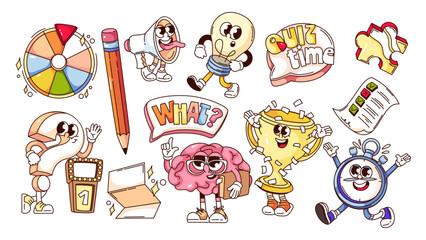 Groovy quiz cartoon characters and stickers set. Funny retro speech bubbles with Quiz time and What text, stopwatch, light bulb. Exam, game cartoon mascots of 70s 80s style vector illustration