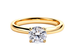 Elegant gold ring with a sparkling diamond on a transparent background.