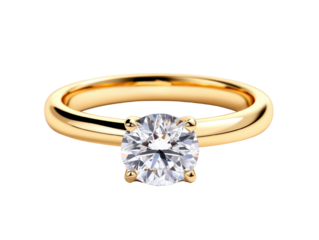 Elegant gold ring with a sparkling diamond on a transparent background.