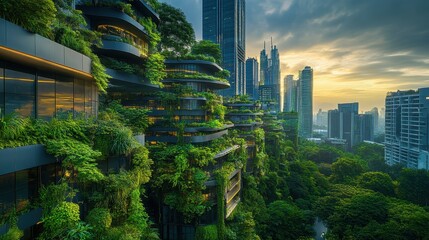 Obraz premium Panoramic view of a futuristic city skyline, featuring innovative architecture and lush greenery, all enhanced with HDR effects.