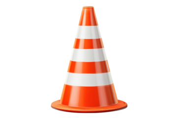 Traffic cone, orange and white, transparent background.