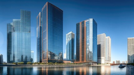 Naklejka premium A row of tall buildings located adjacent to a body of water