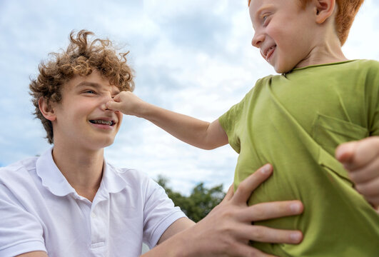 Mischievous boy pulling his brothers nose