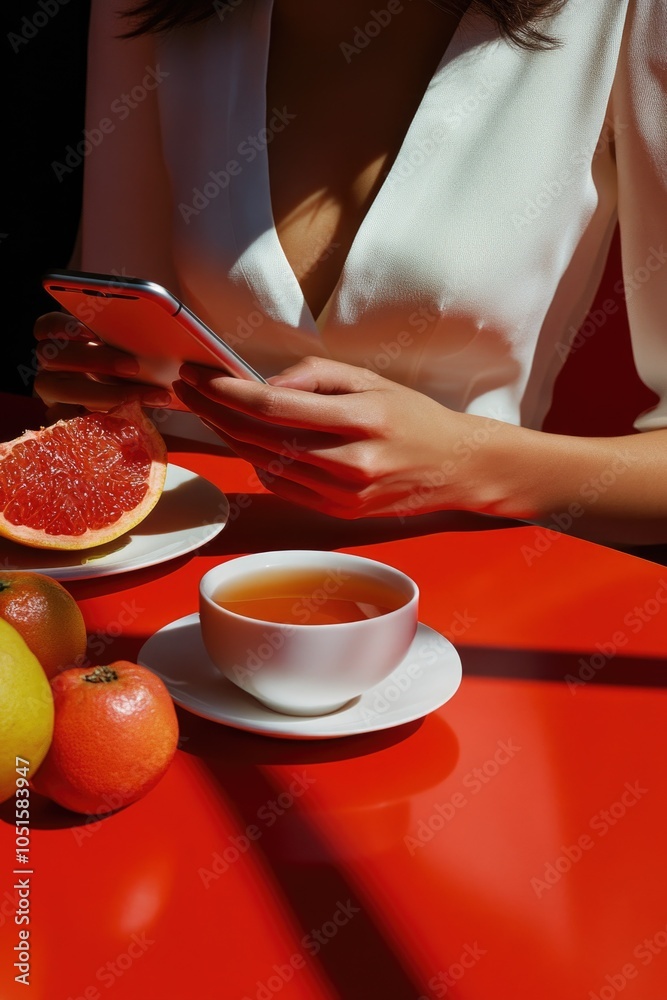 Poster a person is using a cell phone at a table