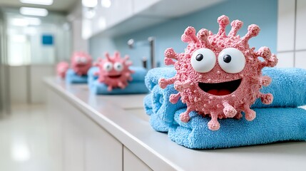 Fototapeta premium Playful virus character on towels in a clean bathroom setting promoting hygiene and safety awareness